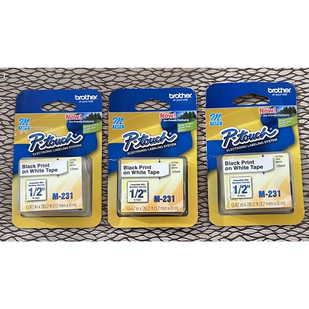 New Genuine Brother P-Touch M-231 3pk Black on White Labeling 1/2" Tape